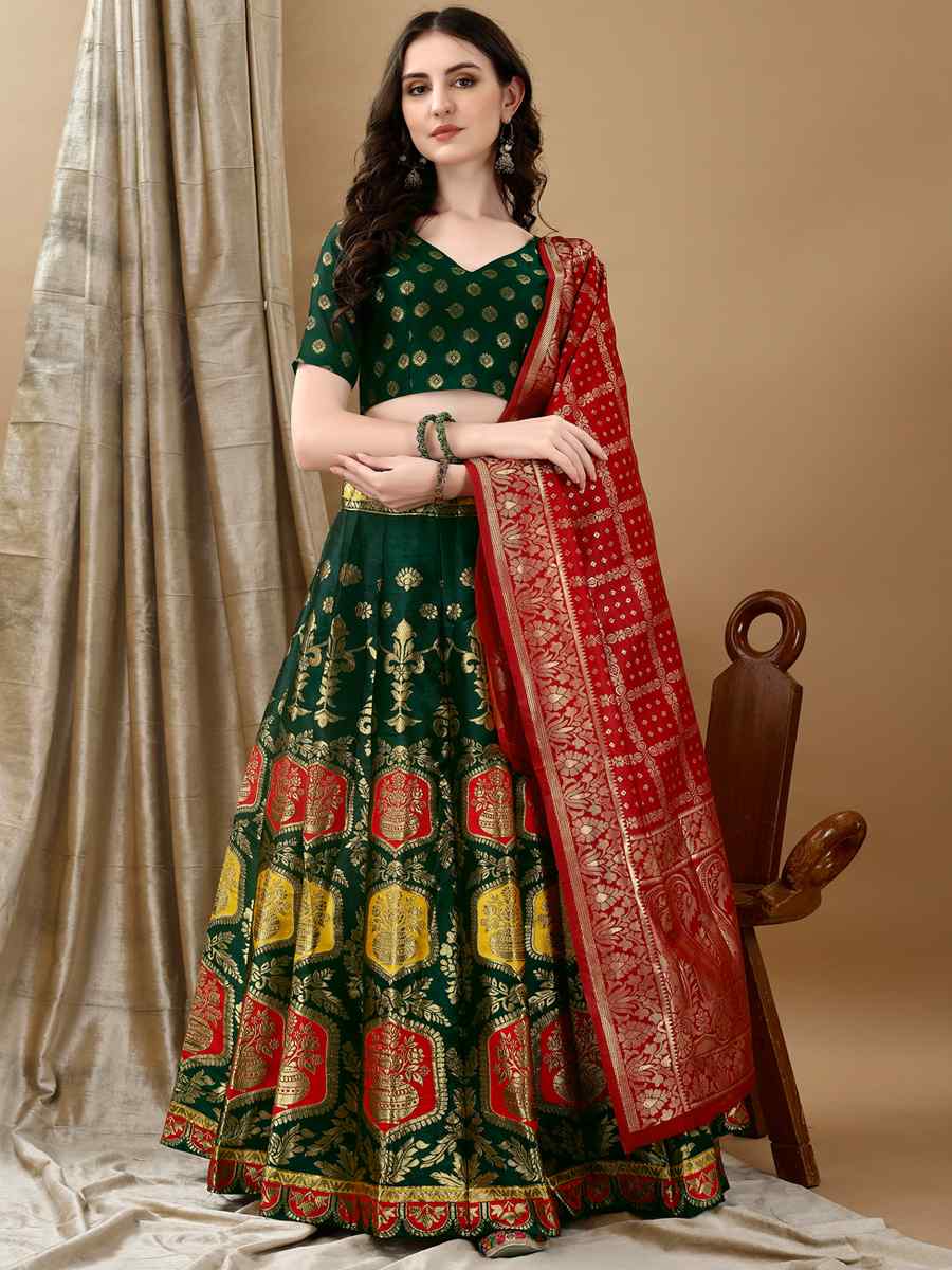 Green Soft Silk Jacquard Embroidery Bridesmaid Wedding Heavy Border Lehenga Choli