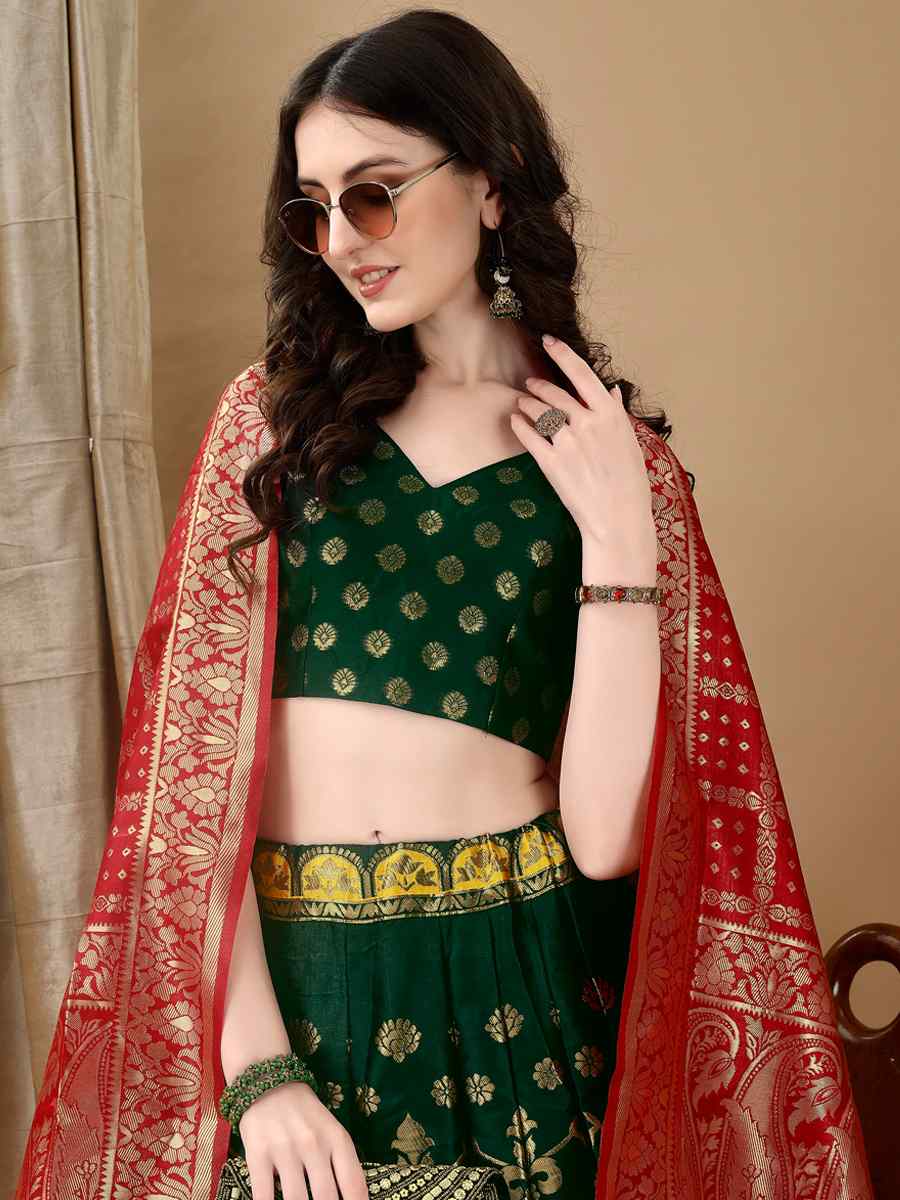 Green Soft Silk Jacquard Embroidery Bridesmaid Wedding Heavy Border Lehenga Choli