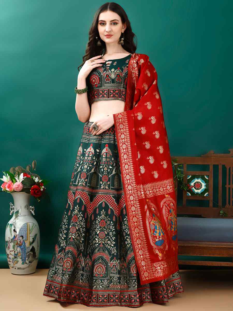 Green Soft Silk Jacquard Embroidery Bridesmaid Wedding Heavy Border Lehenga Choli