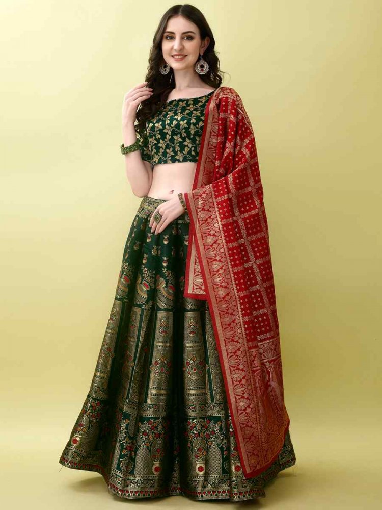 Green Soft Silk Jacquard Embroidery Bridesmaid Wedding Heavy Border Lehenga Choli