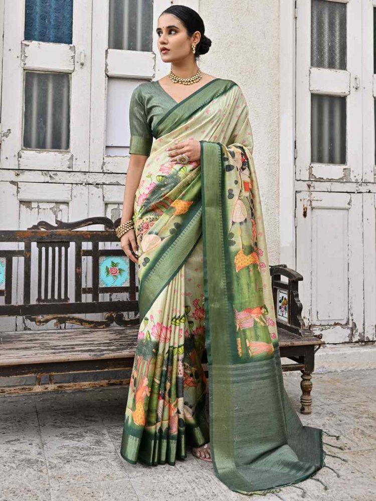Green Soft Tussar Silk Printed Festival Casual Contemporary Saree