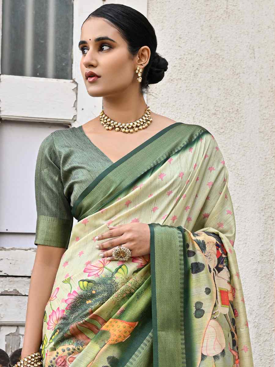 Green Soft Tussar Silk Printed Festival Casual Contemporary Saree