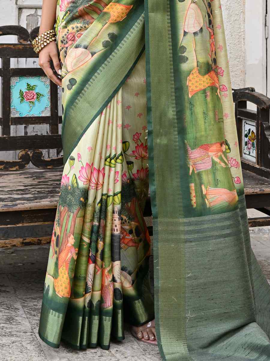 Green Soft Tussar Silk Printed Festival Casual Contemporary Saree