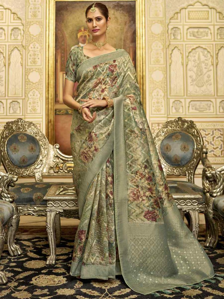 Green Tissue Organza Silk Handwoven Festival Wedding Heavy Border Saree