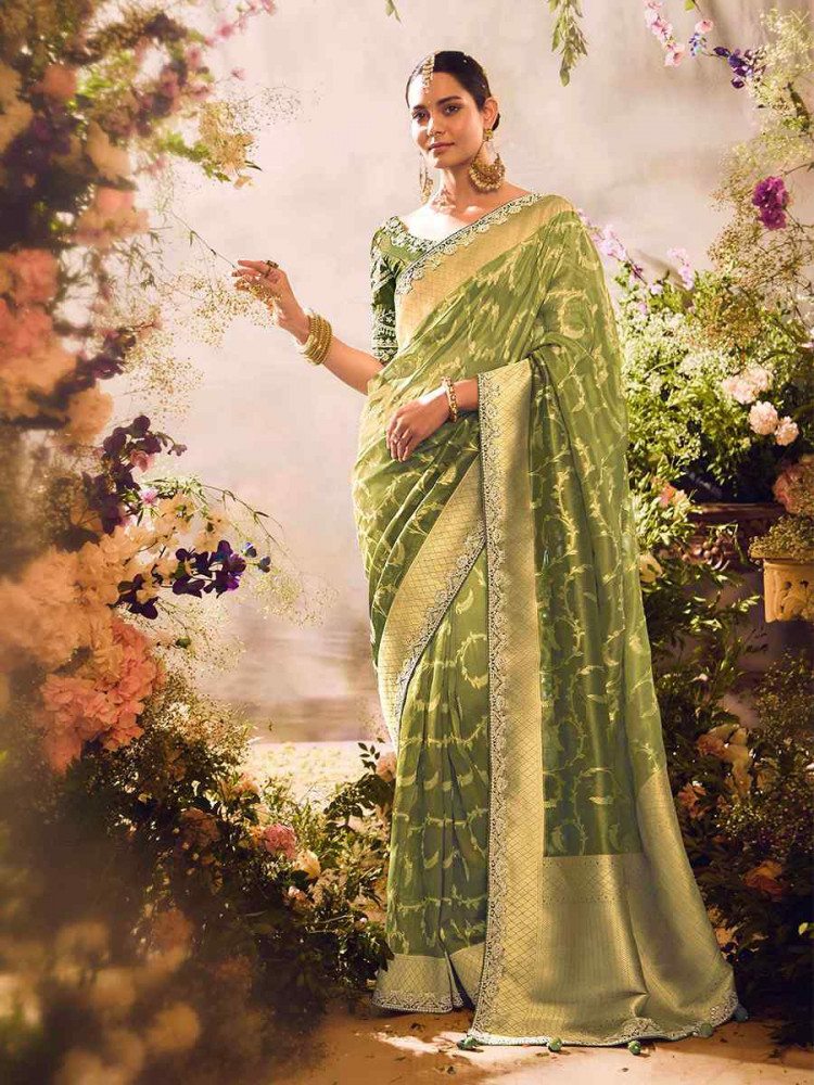 Green Tissue Silk Embroidered Festival Wedding Heavy Border Saree