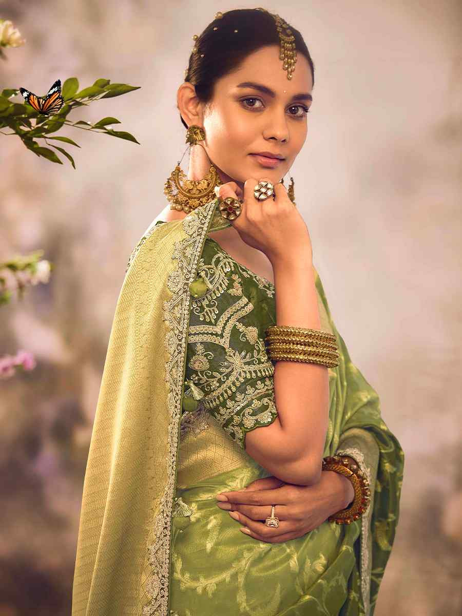 Green Tissue Silk Embroidered Festival Wedding Heavy Border Saree