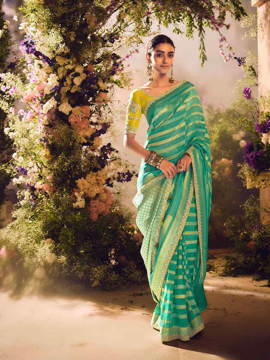 Green Tissue Silk Embroidered Festival Wedding Heavy Border Saree