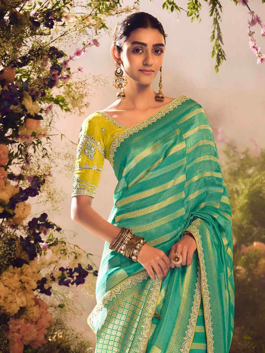 Green Tissue Silk Embroidered Festival Wedding Heavy Border Saree