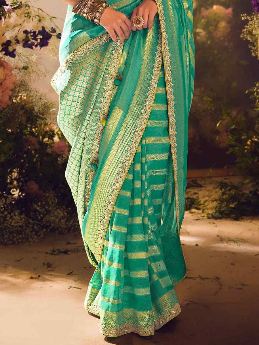 Green Tissue Silk Embroidered Festival Wedding Heavy Border Saree