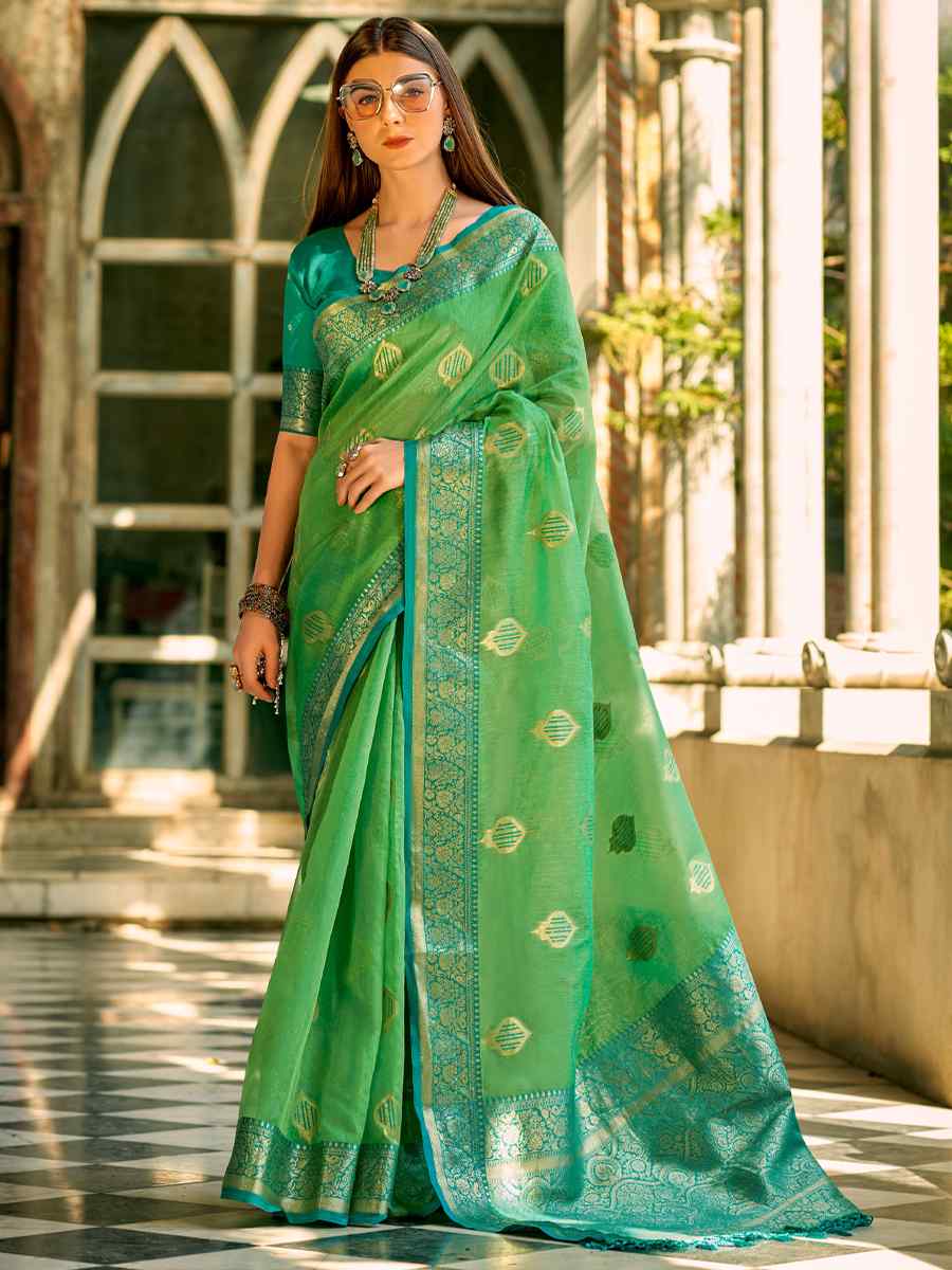 Green Tissue Silk Handwoven Wedding Festival Heavy Border Saree