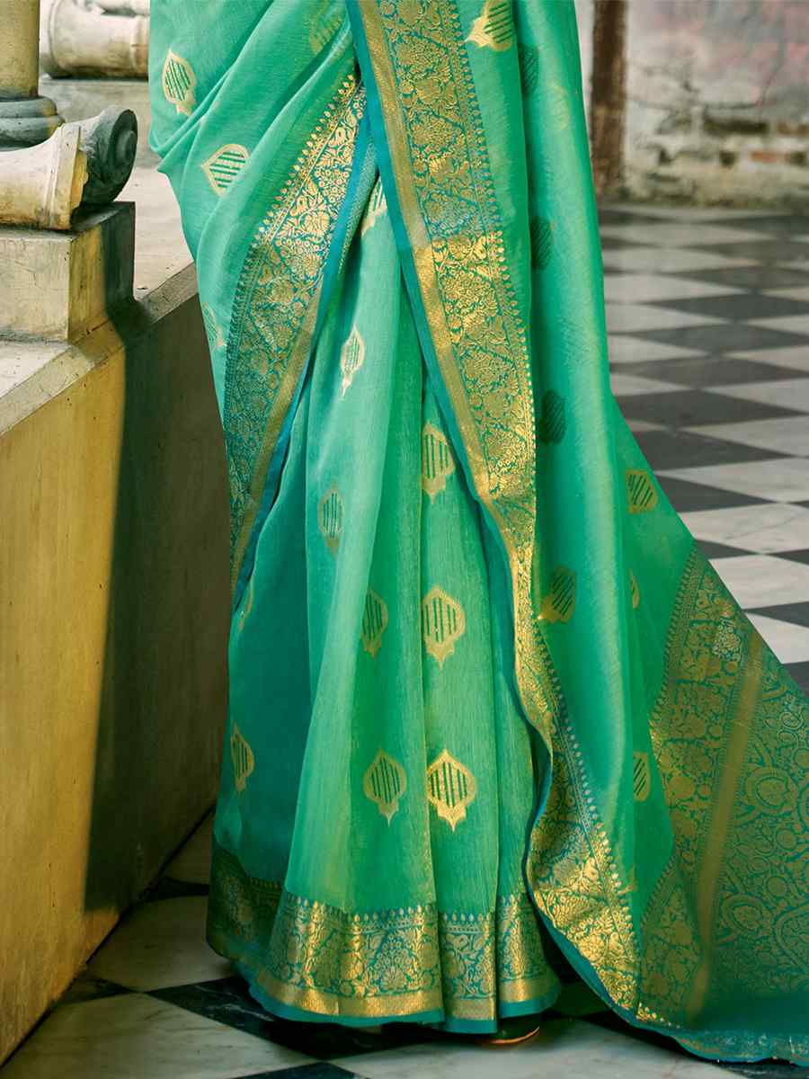 Green Tissue Silk Handwoven Wedding Festival Heavy Border Saree