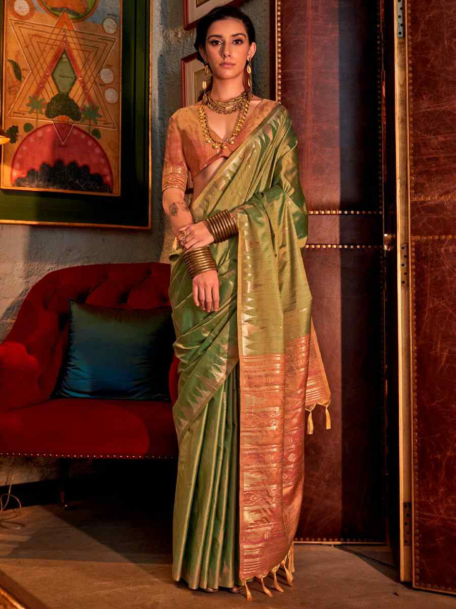 Green Tussar Silk Handwoven Festival Casual Heavy Border Saree