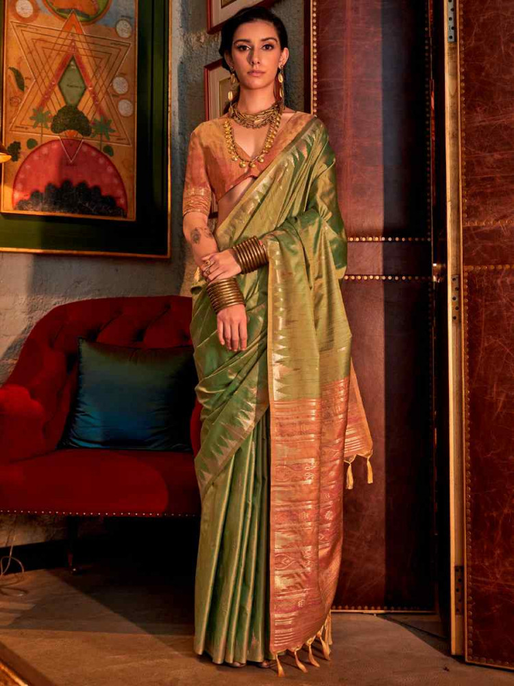 Green Tussar Silk Handwoven Festival Casual Heavy Border Saree