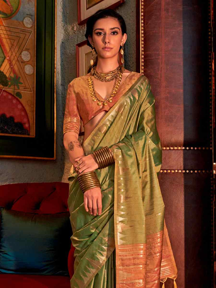 Green Tussar Silk Handwoven Festival Casual Heavy Border Saree