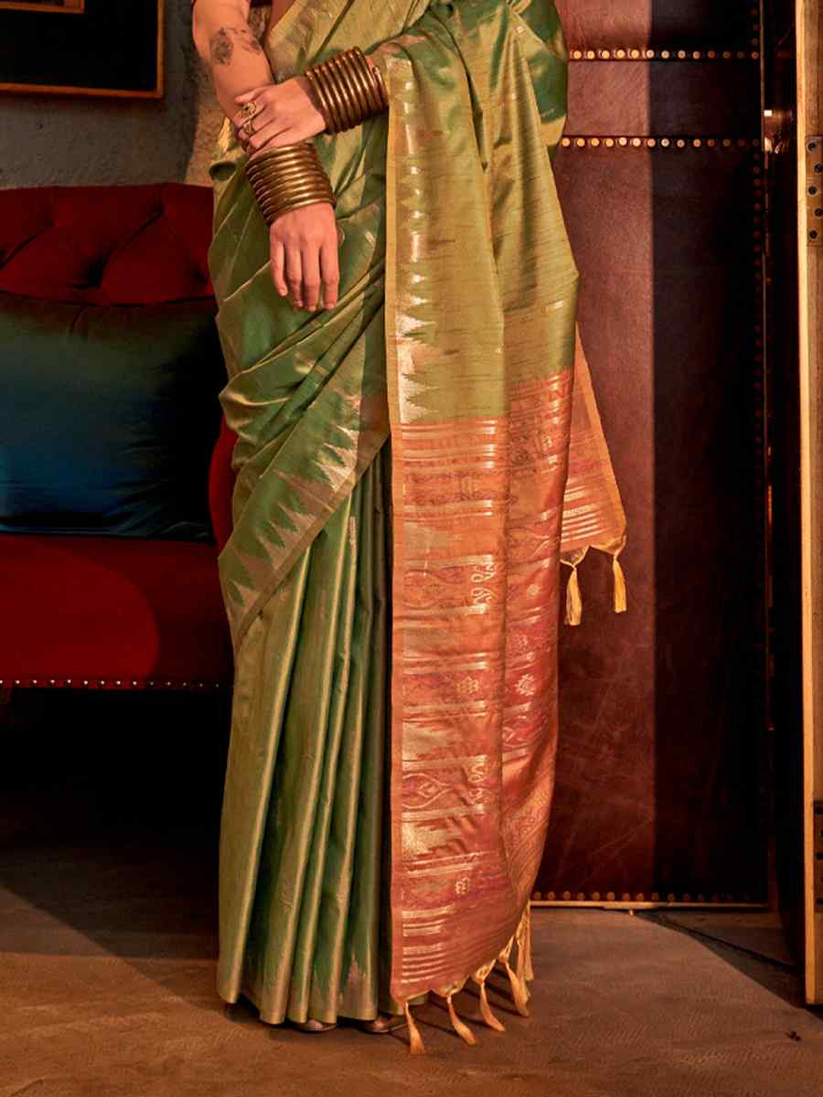 Green Tussar Silk Handwoven Festival Casual Heavy Border Saree