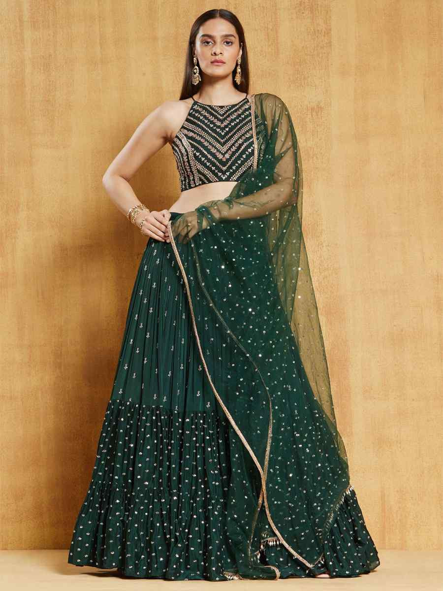 Green Velvet Embroidered Wedding Festival Heavy Border Lehenga Choli