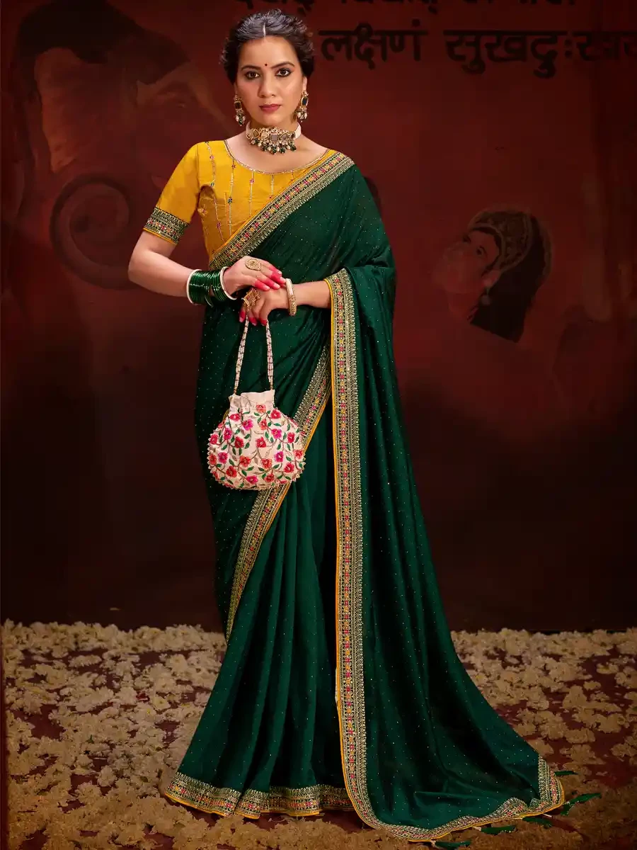 Green Vichitra Bluming Embroidered Festival Party Heavy Border Saree