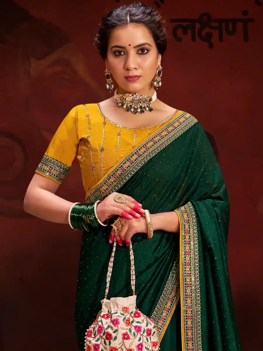 Green Vichitra Bluming Embroidered Festival Party Heavy Border Saree