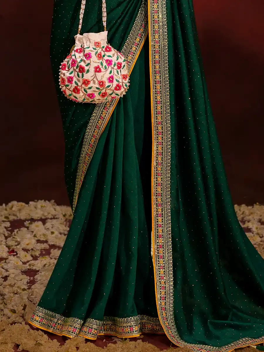 Green Vichitra Bluming Embroidered Festival Party Heavy Border Saree