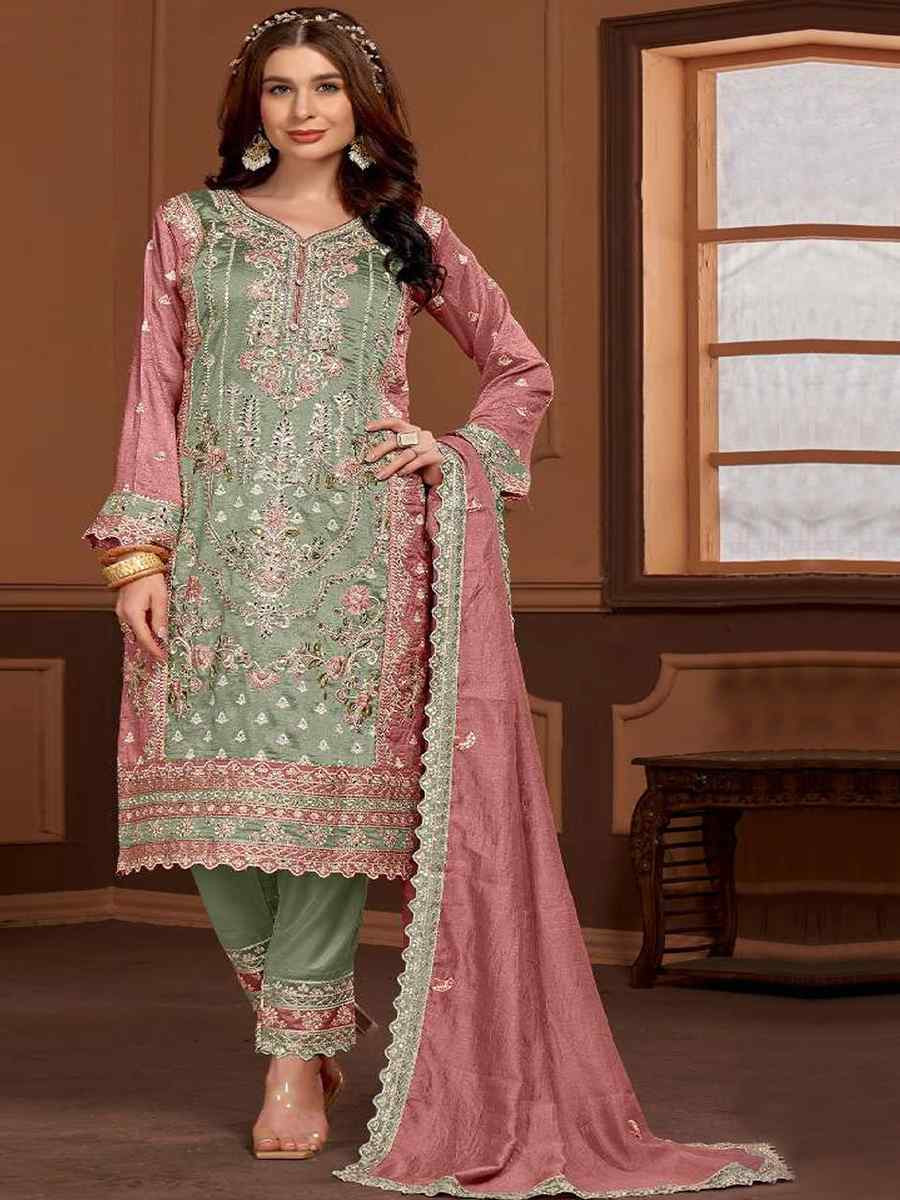 Green Vichitra Embroidered Festival Wedding Pant Salwar Kameez