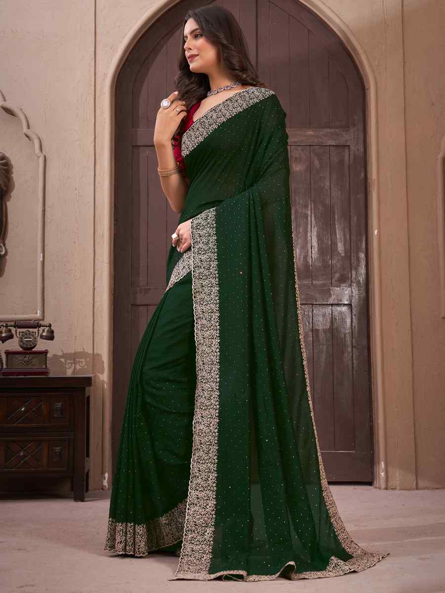 Green Vichitra Embroidered Wedding Party Heavy Border Saree