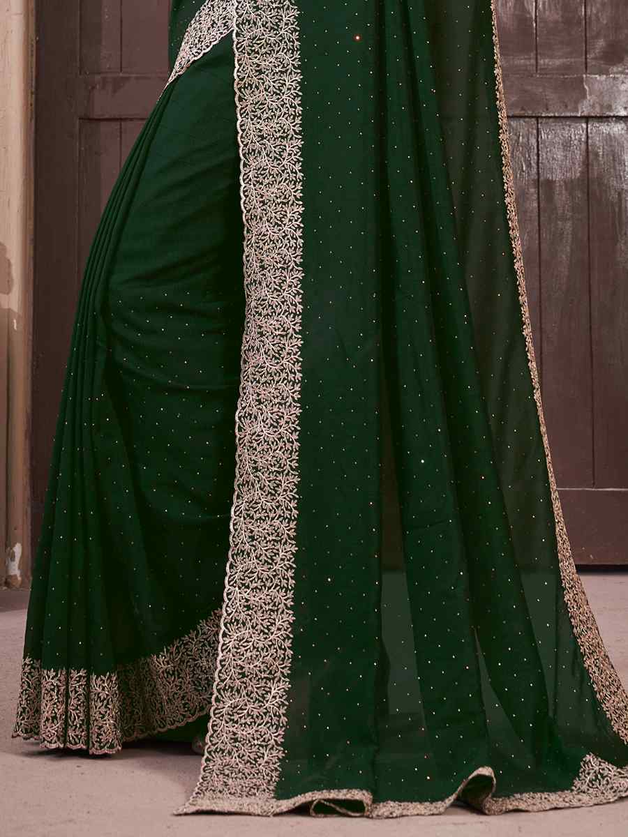 Green Vichitra Embroidered Wedding Party Heavy Border Saree