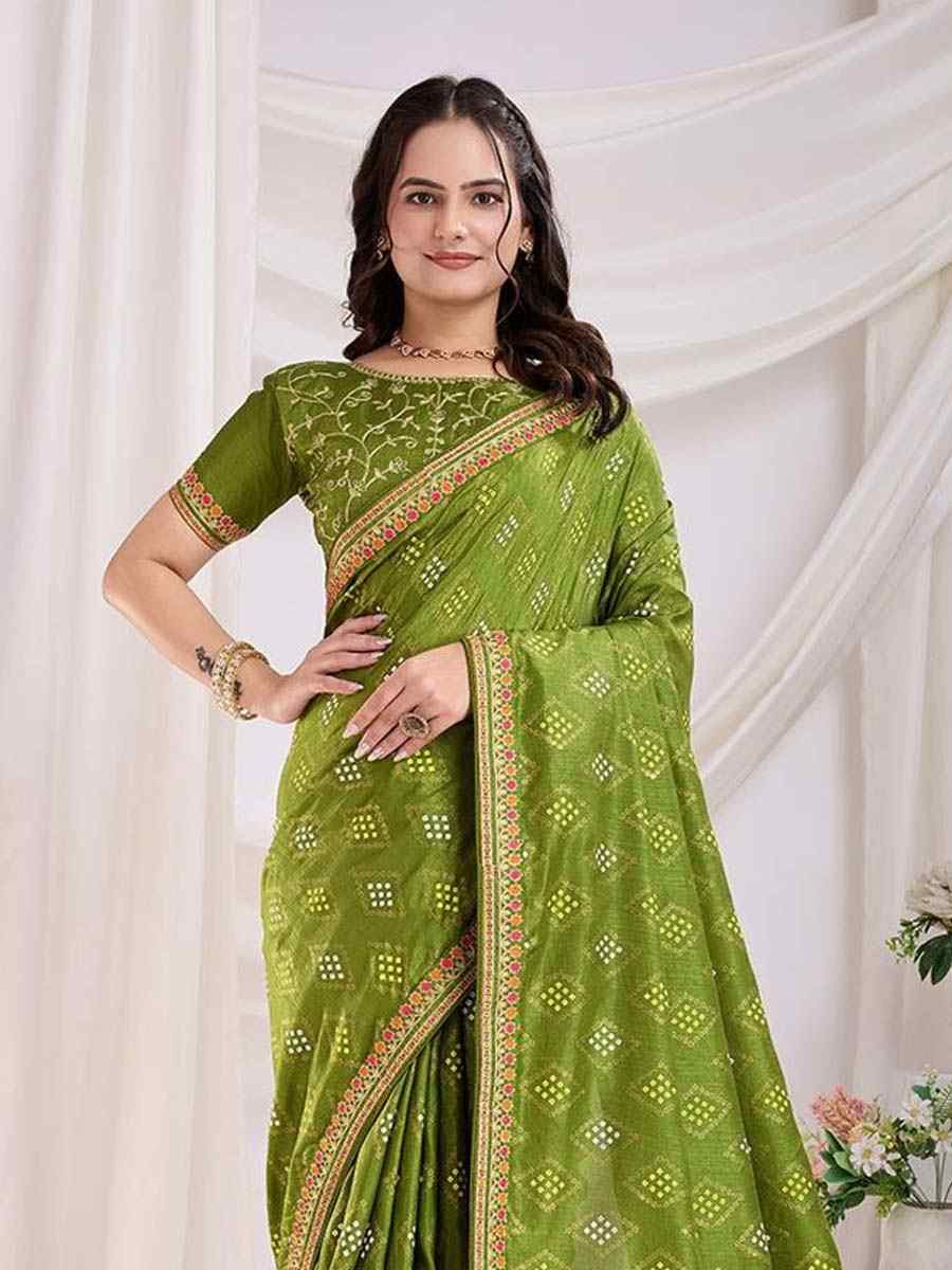 Green Vichitra Silk Printed Festival Wedding Contemporary Saree