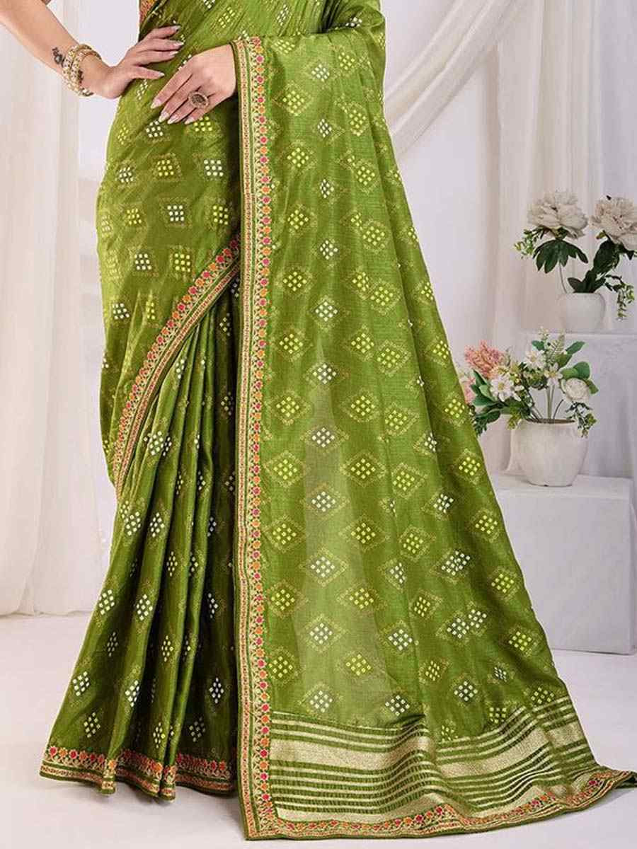 Green Vichitra Silk Printed Festival Wedding Contemporary Saree