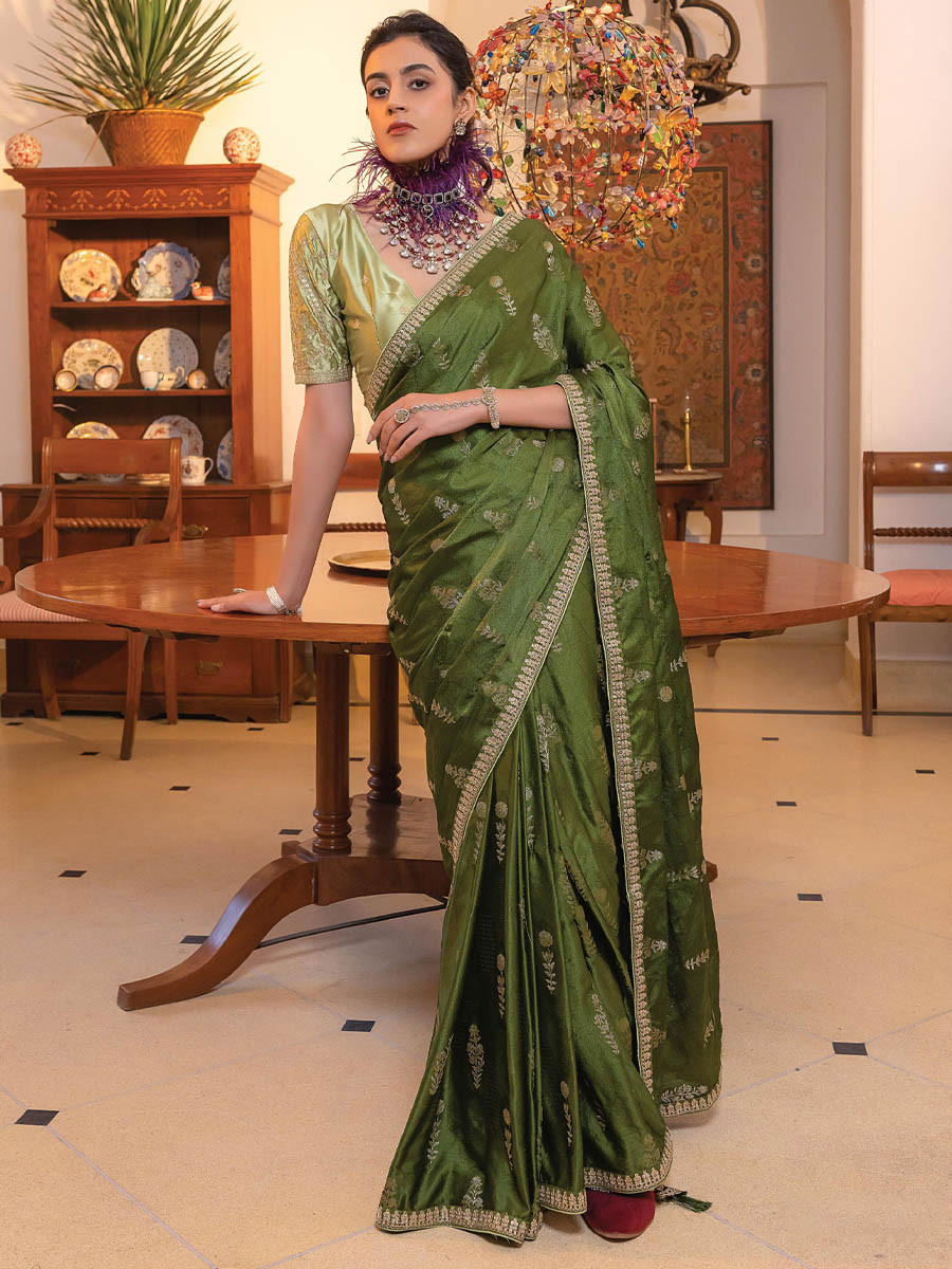 Green Viscose Satin Silk Embroidery Festival Casual Classic Style Saree