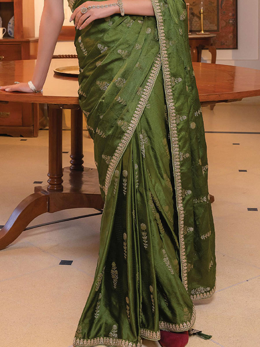 Green Viscose Satin Silk Embroidery Festival Casual Classic Style Saree