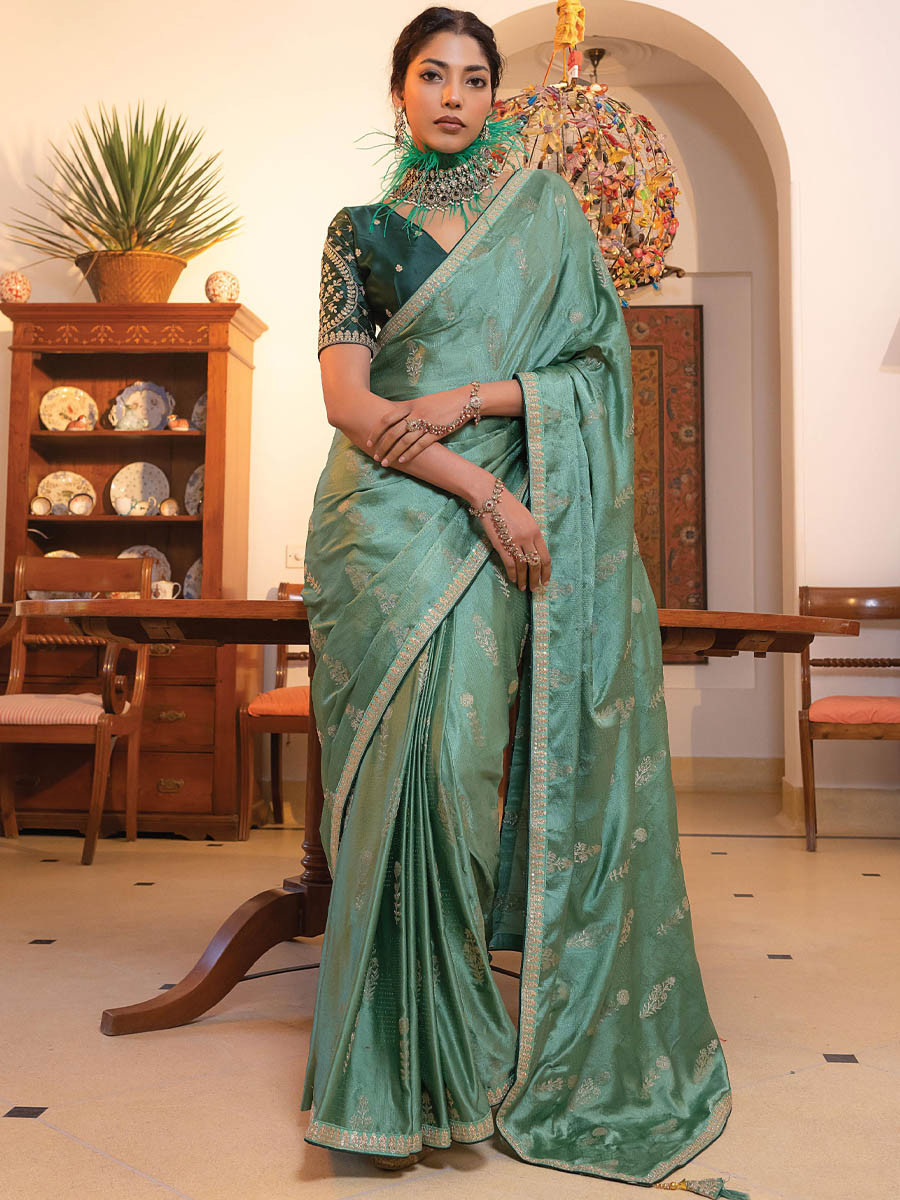 Green Viscose Satin Silk Embroidery Festival Casual Classic Style Saree