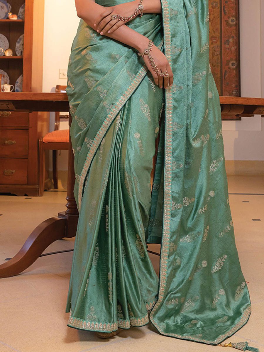 Green Viscose Satin Silk Embroidery Festival Casual Classic Style Saree