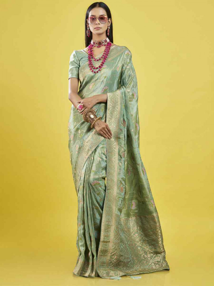 Green ViscoseTissue Embroidered Festival Wedding Heavy Border Saree