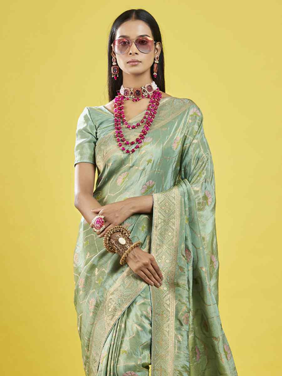 Green ViscoseTissue Embroidered Festival Wedding Heavy Border Saree