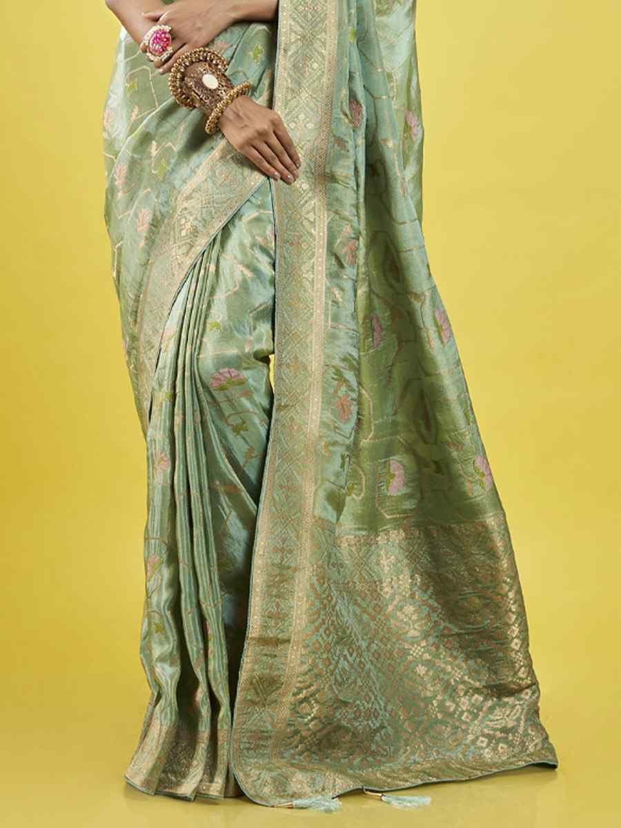 Green ViscoseTissue Embroidered Festival Wedding Heavy Border Saree