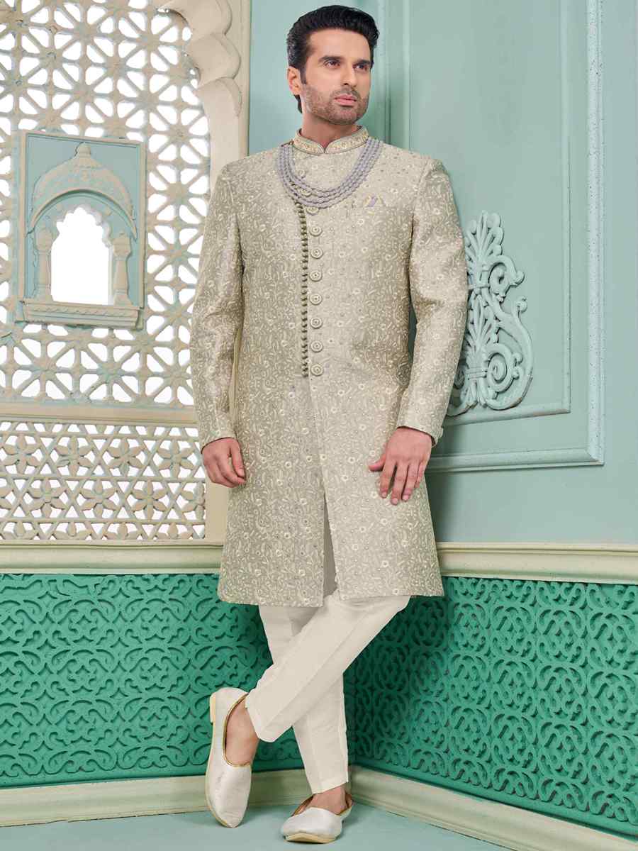 Grey Art Banarasi Silk Embroidered Festival Wedding Sherwani