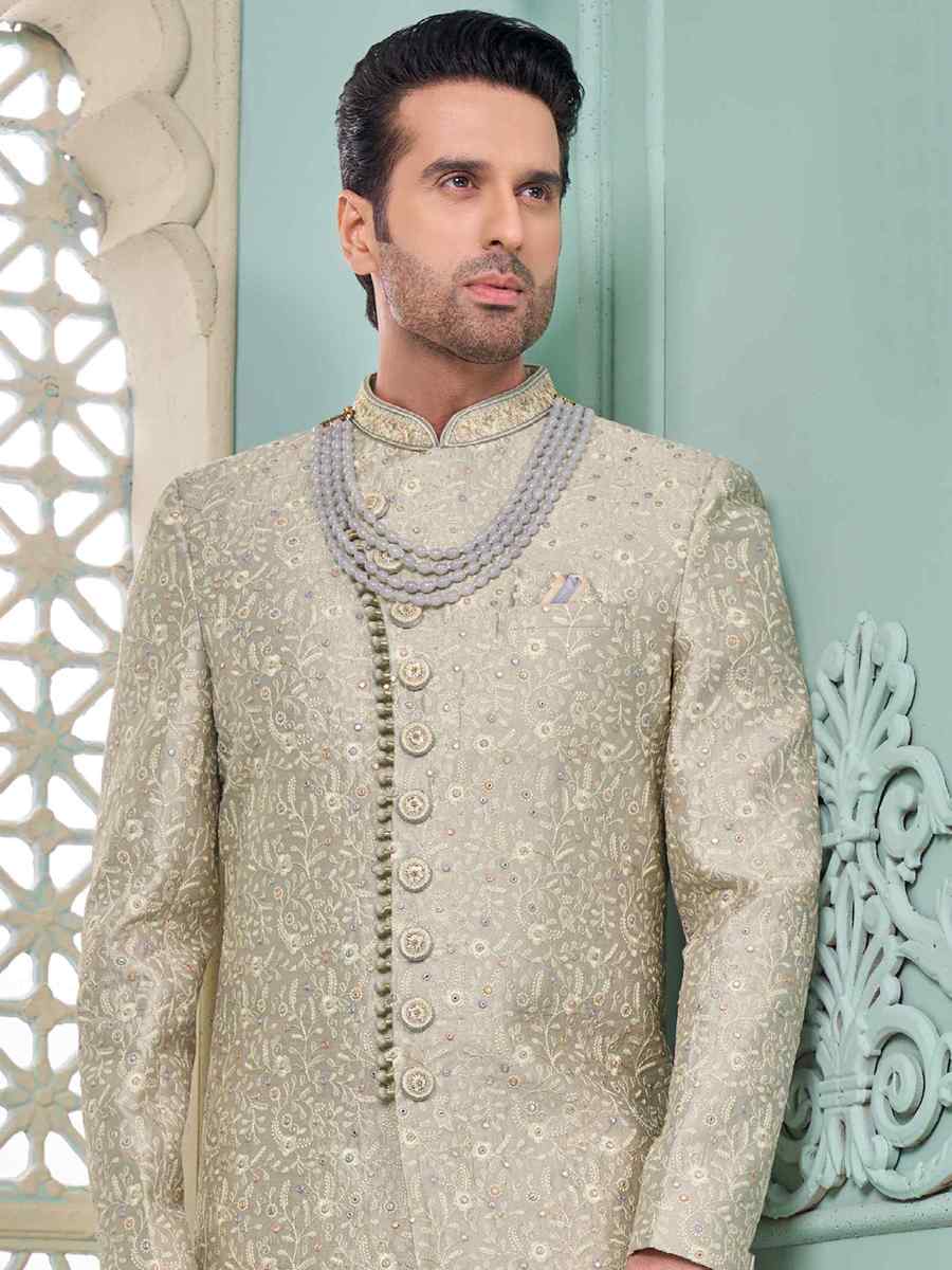 Grey Art Banarasi Silk Embroidered Festival Wedding Sherwani