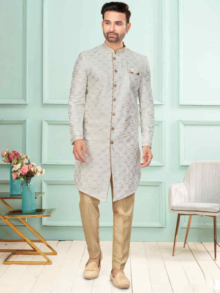 Grey Art Silk Embroidered Festival Wedding Kurta