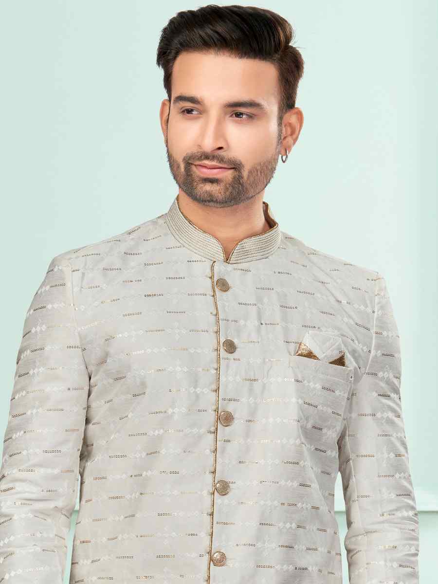 Grey Art Silk Embroidered Festival Wedding Kurta