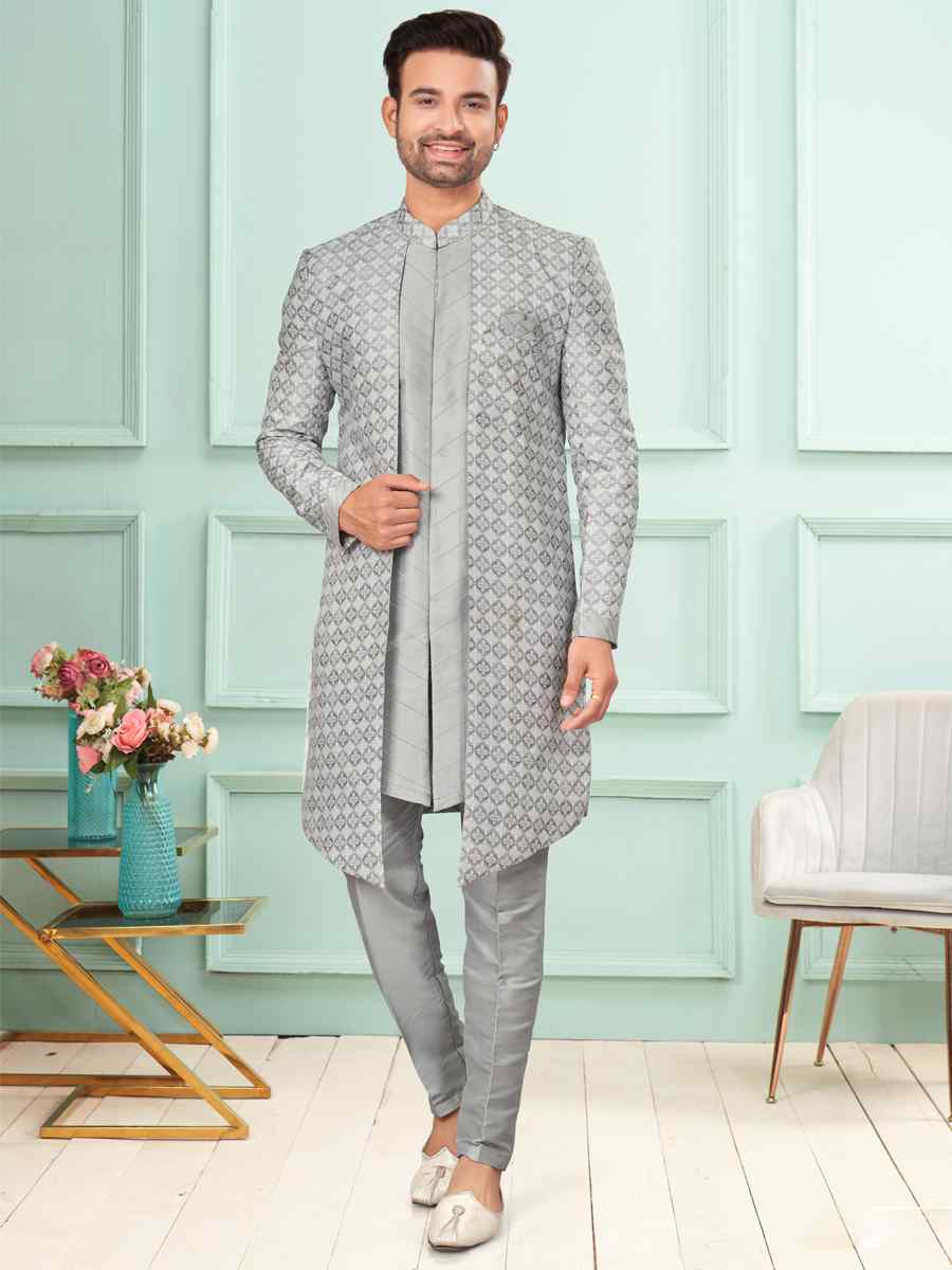 Grey Art Silk Embroidered Festival Wedding Kurta