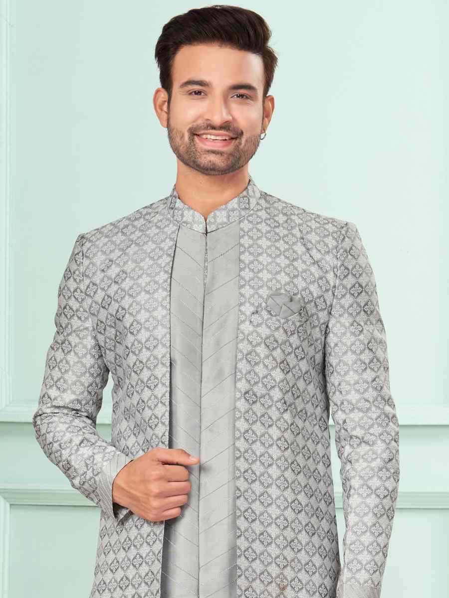 Grey Art Silk Embroidered Festival Wedding Kurta