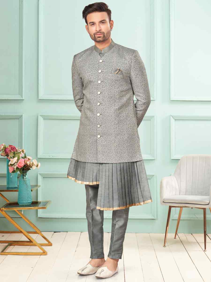 Grey Art Silk Embroidered Festival Wedding Kurta