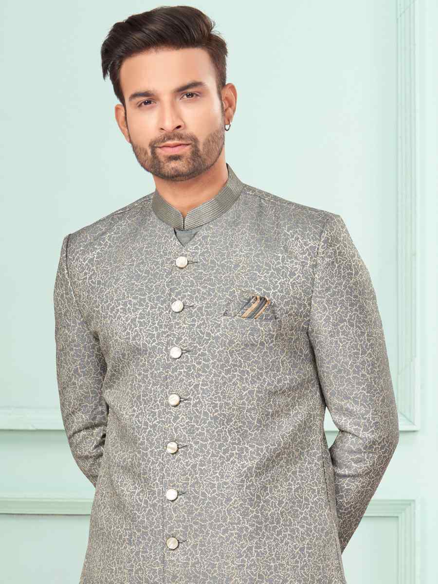 Grey Art Silk Embroidered Festival Wedding Kurta