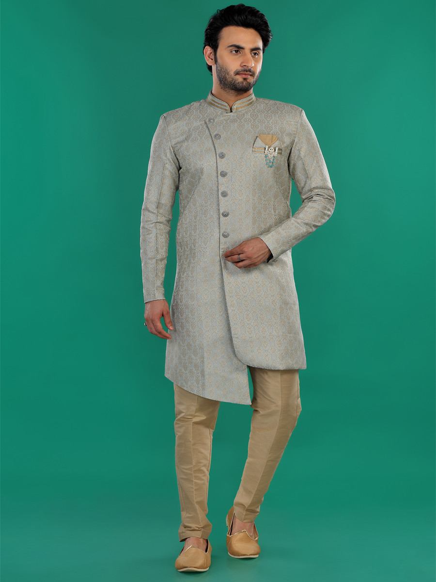 Grey Art Silk Embroidered Party Wedding Kurta