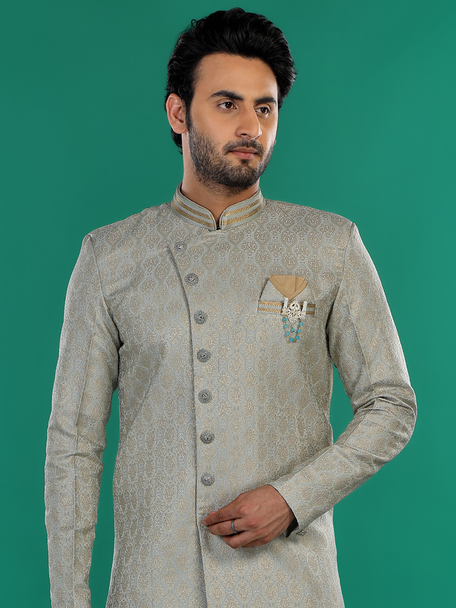 Grey Art Silk Embroidered Party Wedding Kurta