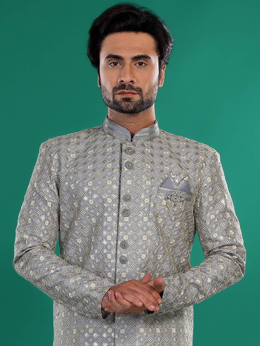 Grey Art Silk Embroidered Party Wedding Kurta