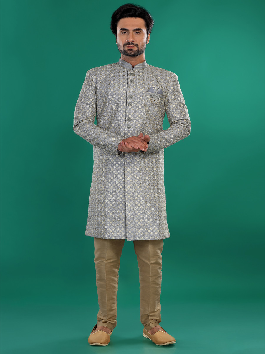 Grey Art Silk Embroidered Party Wedding Kurta