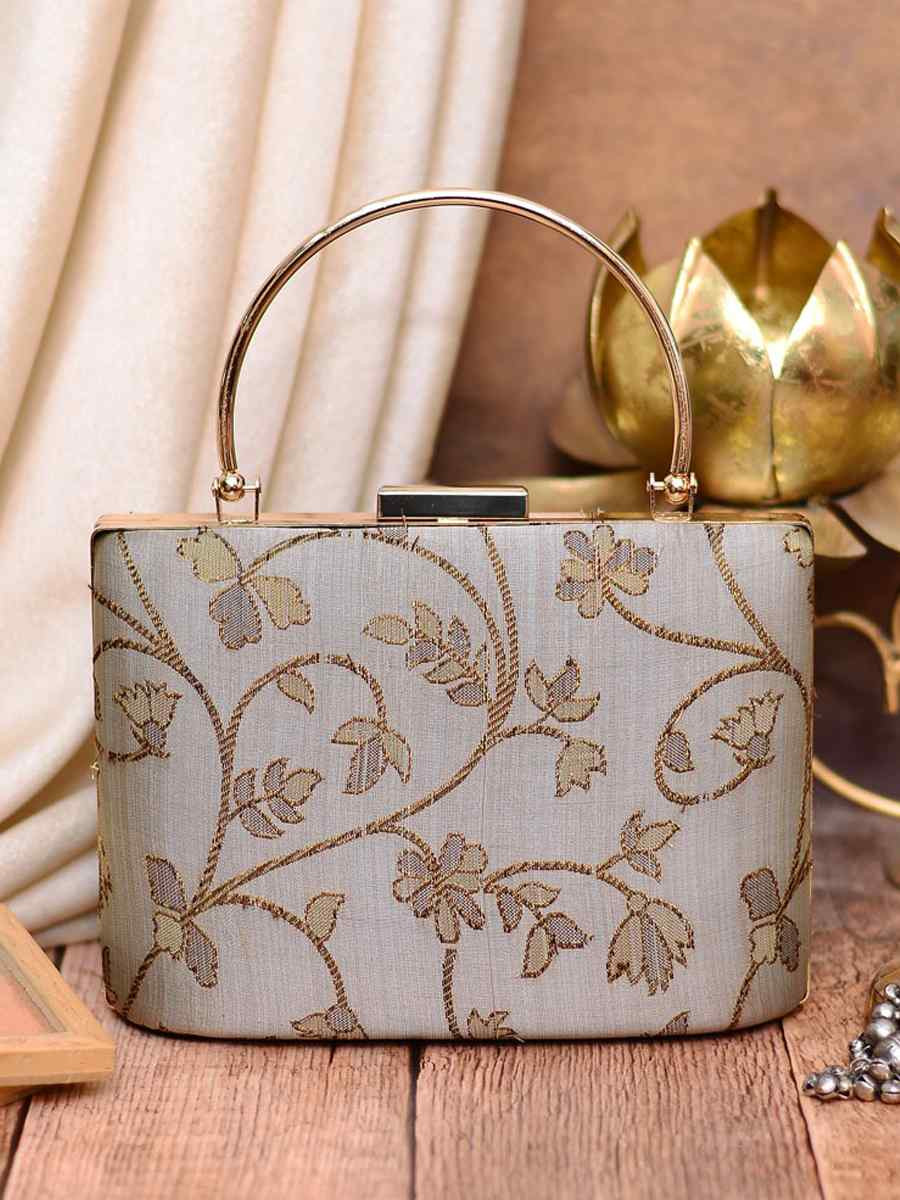 Grey Art Silk Party Wear Embroidered Clutches