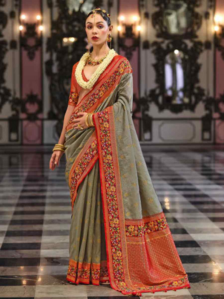 Grey Banarasi Poly Viscose Silk Handwoven Festival Wedding Heavy Border Saree