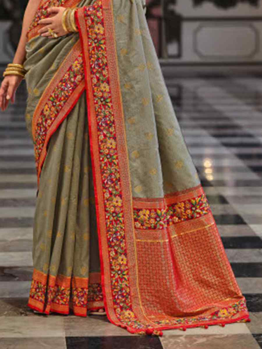 Grey Banarasi Poly Viscose Silk Handwoven Festival Wedding Heavy Border Saree